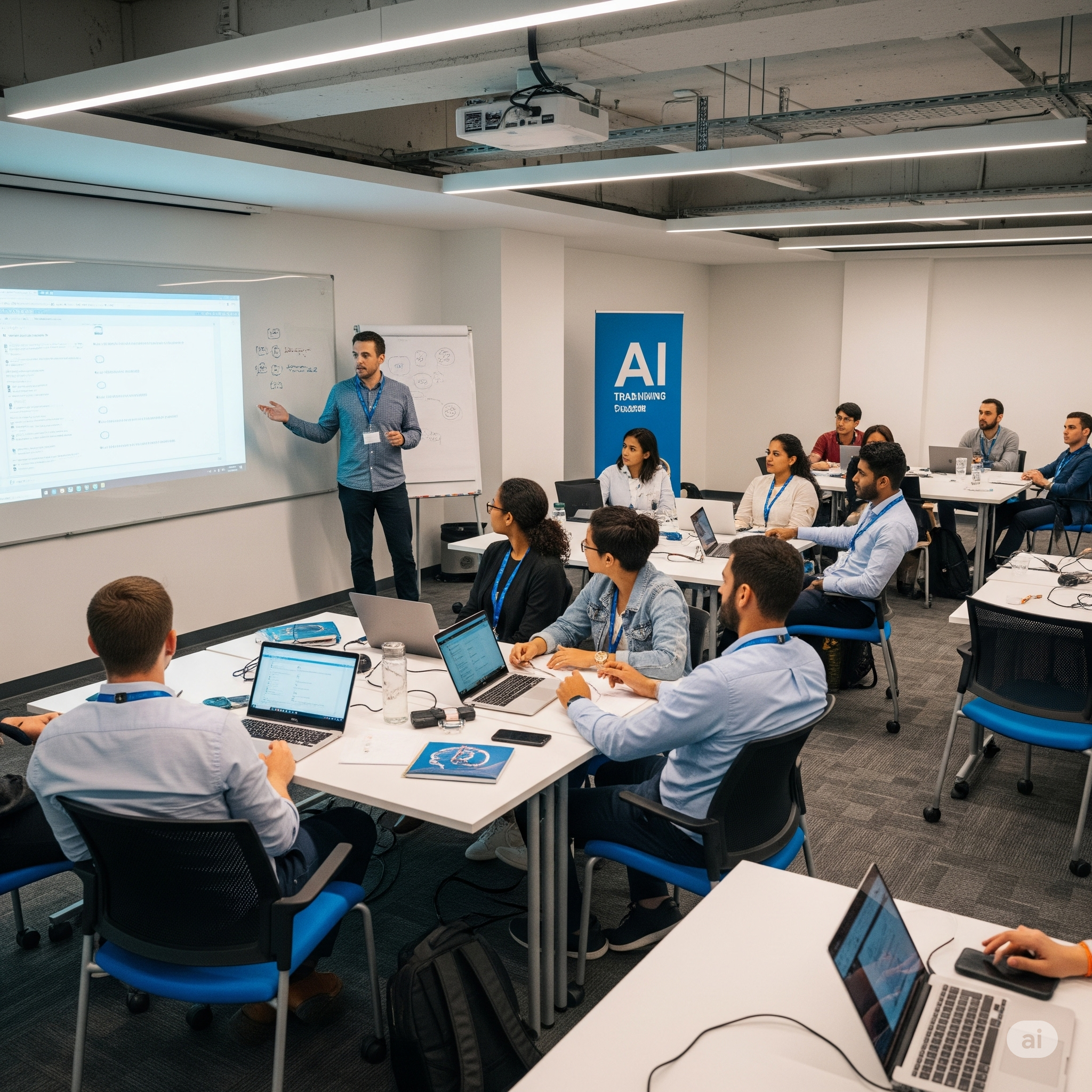 Echipă colaborând la un training AI și LLM